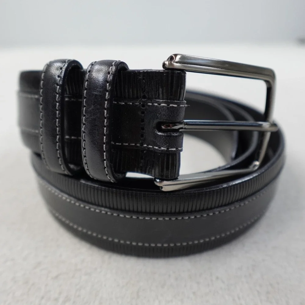 Mezlan Leather Belt Mens 40 Black Embossed Silver Buckle Designer Spain